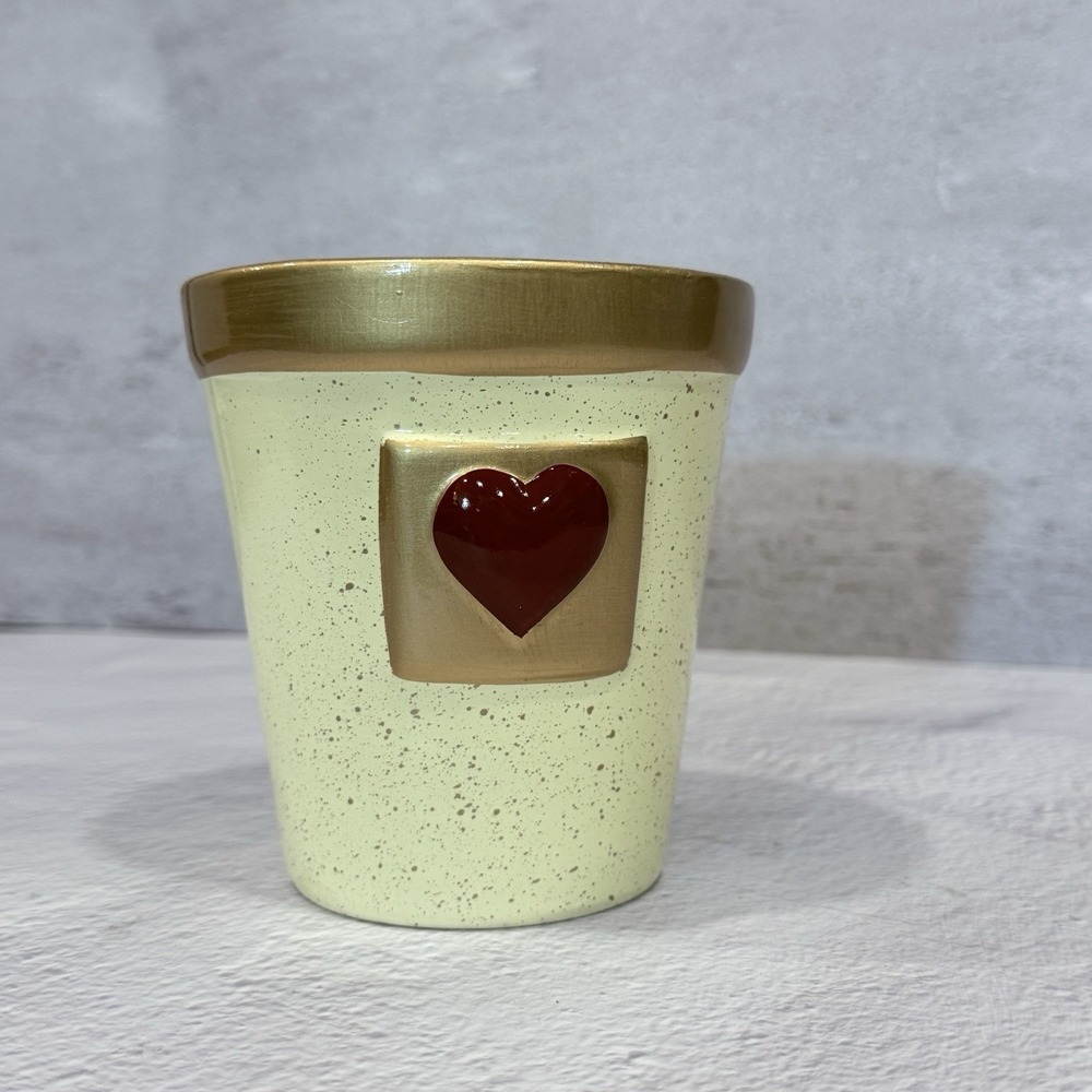 Edible Arrangements Flowerpot Ceramic Vase 5" Yellow and Gold with Red Heart